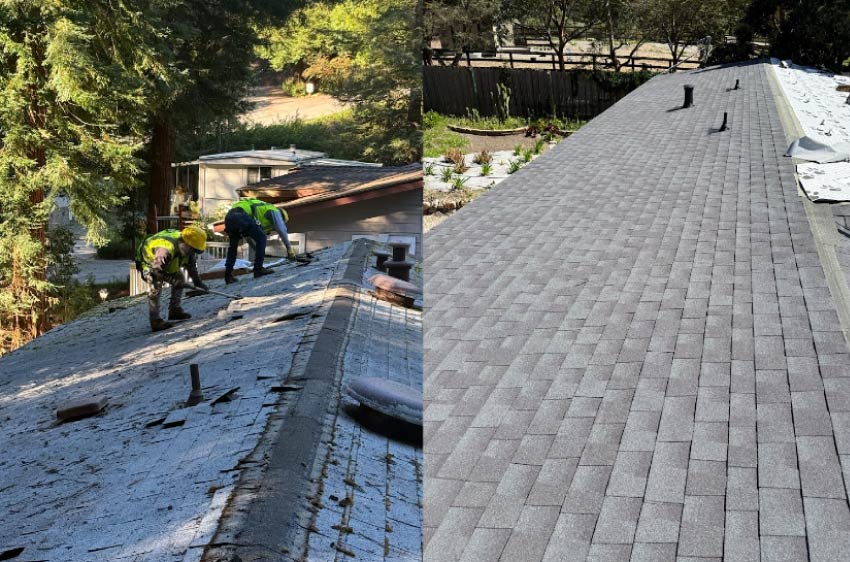 Side-by-side comparison showing a weathered, leaking residential roof deck before replacement on the left, and a newly installed grey asphalt shingle roof on the right.